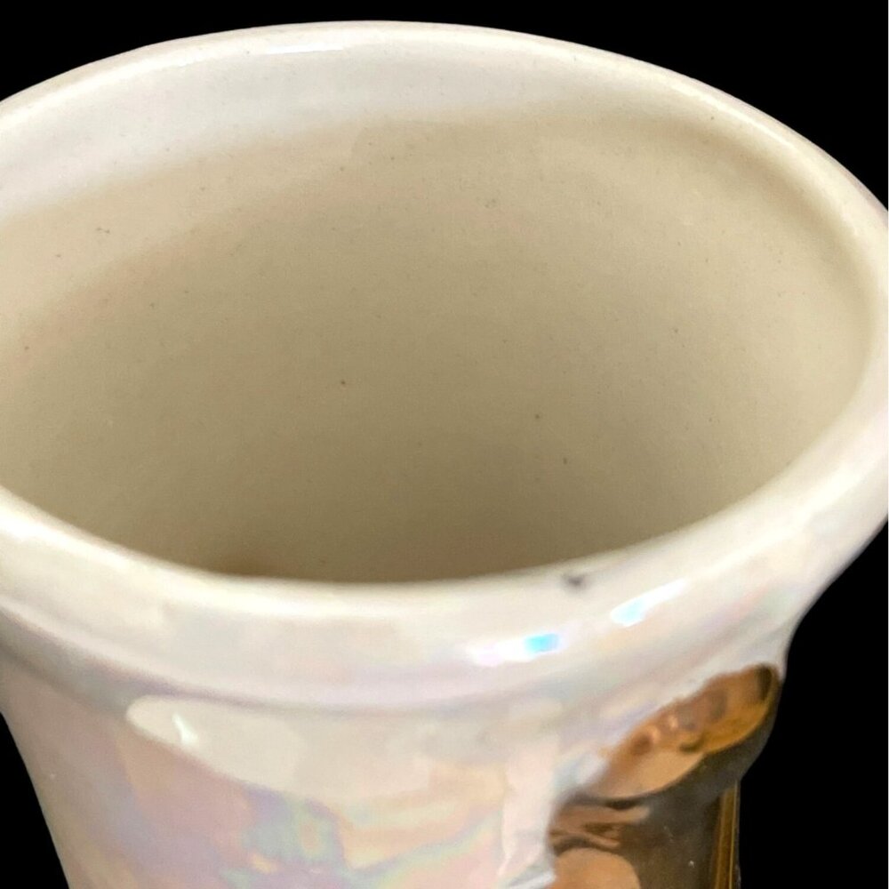 MCM Lusterware Vase Ceramic Pearl Glazed Iridescent Porcelain Gold Handles VTG - Picture 8 of 11